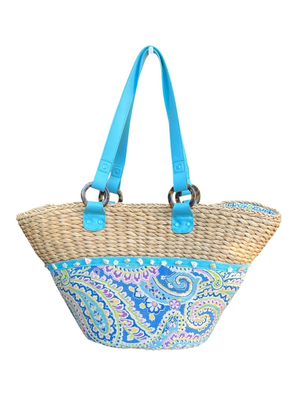 Vera Bradley~LARGE Capri Blue Woven Straw Beach Tote Bag W Sea Shells NEW